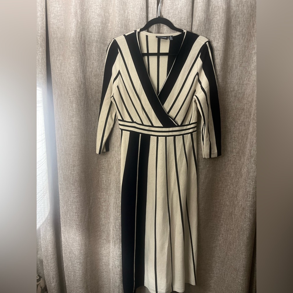 Elegant Khaki, Black and White Striped Dress/Size M